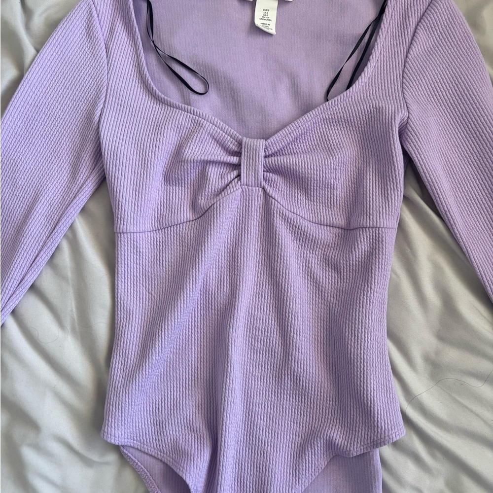 H&M Lilac Ribbed Long Sleeve Bow-Front Bodysuit